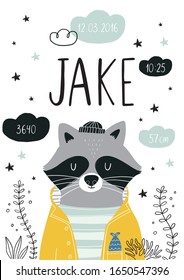 Cute poster with a character - sailor raccoon.  Print birthday party and Baby shower. Scandinavian style bedroom decor. Date of birth poster, newborn metric