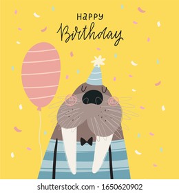 Cute poster with a character - sailor walrus in raincoat.  Print birthday party and Baby shower. Scandinavian style bedroom decor 