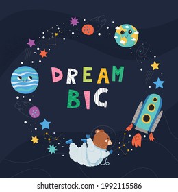 Cute poster for children with spaceship, bear astronaut, planets and stars. Space concept.