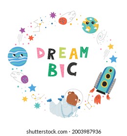 Cute poster for children with spaceship, bear astronaut, planets and stars. Space concept.