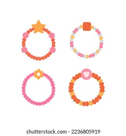 Afiche de corte con colección de anillos de abalorios. Beading, artesanal, concepto de moda. Joyas para los dedos. Está diseñado en un diseño genial. Ilustración vectorial dibujada a mano en colores de moda. Aislado en un fondo rosado.