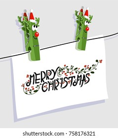 cute poster with comic green vector clothespin christmas deer, red nose, lovely eyes, antlers, hat rope and paper with hand written text merry christmas.  great poster for christmas party invitation