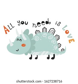 Cute poster with dinosaurs. Love design for birthday invitation, poster, clothing, nursery wall art and Valentine's day card.