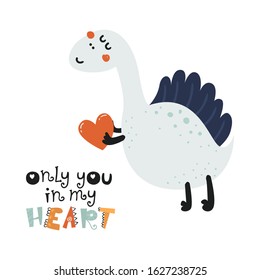 Cute poster with dinosaurs. Love design for birthday invitation, poster, clothing, nursery wall art and Valentine's day card.