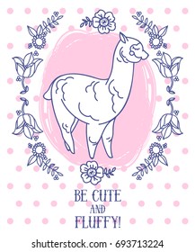 cute poster with doodle alpaca and flowers frame, vector illustration