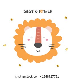 Cute poster with doodle lion for kids.Baby shower card, postcard, print, picture with african animal for children