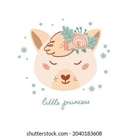 Cute poster with face wild fox and flowers in flat style for kids. Lettering Little princess. Illustration with animal in pastel colors. Print for children clothing and textiles. Vector