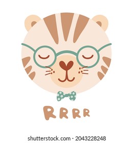 Cute poster with face wild tiger gentleman in flat style for kids. Lettering Rrrr. Illustration with animal in pastel colors. Print for children clothing and textiles. Vector