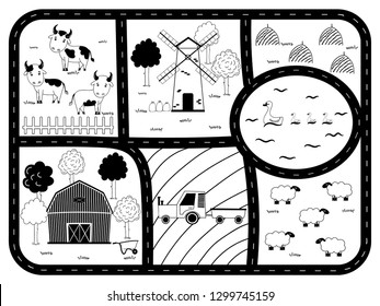 Cute poster with farming landscapes. Play Mat with truck car for active kids games. Farm map with house, cow, sheep, ducks,tractor, mill, haystack and ring road. Vector illustration in Doodle design.