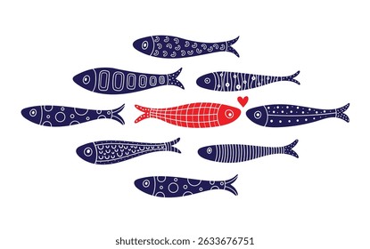 Cute poster with fish. Love. Vector  illustration of sardine.