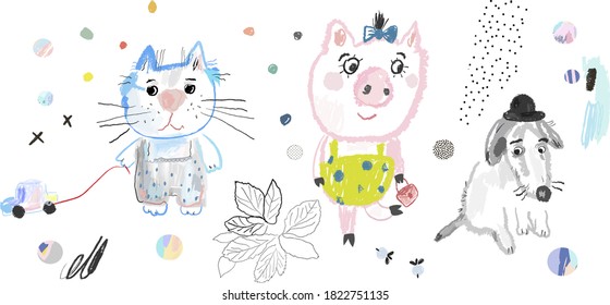 Cute poster with fun hand drawn pets. Cat, pig, dog. Vector. 