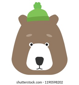 Cute poster with funny bear head in hat. Vector illustration in flat design.