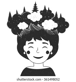 Cute poster with girl, clouds, trees, starry sky and mountains in hair. Childish vector illustration, vintage hipster inspirational greeting card, postcard. Trendy t-shirt or bag print design