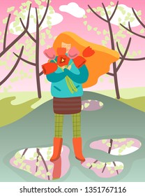 Cute poster with girl holding big flower bouquet of red tulips in spring park with trees and puddles. Vector cartoon illustration in flat style.