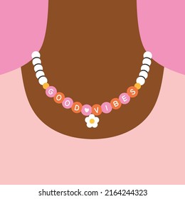 Cute poster with girl's neck with beaded necklace. Multicolored bears. Beading, handmade, fashion concept. Hand drawn vector illustration in trendy colors isolated on pink background.