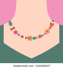 Cute poster with girl's neck with beaded necklace. Multicolored bears. Beading, handmade, fashion concept. Hand drawn vector illustration in trendy colors isolated on pink background.