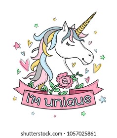 Cute poster, greeting card or apparel print with unicorn, flowers, hearts and stars. Lettering 'I'm unique". Cartoon character. Doodle vector illustration. Decorative line art. Isolated on white