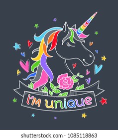 Cute poster, greeting card or apparel print with unicorn, flowers, hearts and stars. Lettering 'I'm unique". Cartoon character. Doodle vector illustration. Decorative line art. Isolated on black