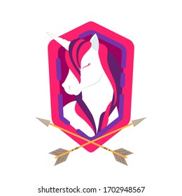 Cute poster, greeting card or apparel print with unicorn, arrows, and shield or emblem. Cartoon flat unicorn character portrait. Vector illustration gradients.