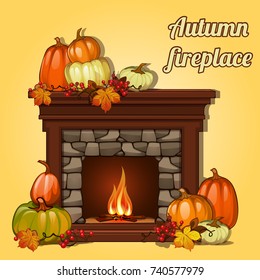 Cute poster or greeting card on theme of golden autumn. Placard or banner with beautiful home stone fireplace with a burning hearth and a ripe pumpkins. Vector cartoon close-up illustration.