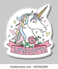 Cute poster, greeting card or print with unicorn, flowers and hearts. Cartoon character. Doodle vector illustration. Apparel or sticker design. Pastel colors