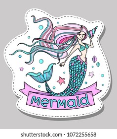 Cute poster, greeting card or print with mermaid, fishes and bubbles. Cartoon character. Doodle vector illustration. Apparel or sticker design. Pastel colors