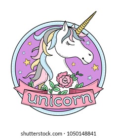 Cute poster, greeting card, sticker or print with unicorn, flowers and stars. Cartoon character. Doodle vector illustration. Decorative frame. Circle composition. Pastel colors