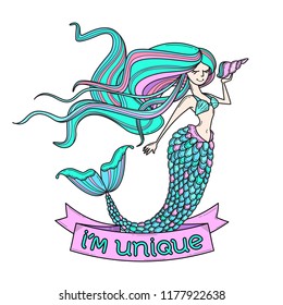 Cute poster, greeting card, sticker or apparel print with mermaid and shell. Lettering "I'm unique". Siren silhouette with long hair. Cartoon character. Doodle vector illustration. Decorative line art