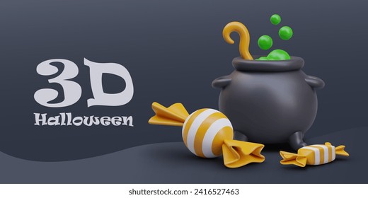 Cute poster for Halloween. Mockup with 3D illustration on black background, place for text. Trick or treat. Cauldron with magic potion, candies in striped wrappers