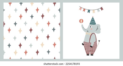 Cute poster with hand drawn circus elephant and rhombuses seamless pattern. Vector illustration for your design.