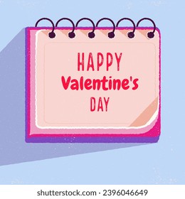 Cute poster Happy valentines day. Abstract stylized Notebook in retro style with copy text. Vector hand drawing. Suitable for email header, post in social networks, advertising, events 