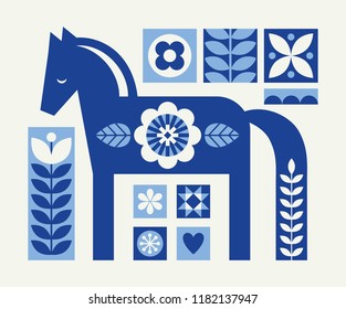 Cute poster with horse in scandinavian style. Vector Illustration.