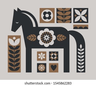 Cute poster with horse in scandinavian style. Vector Illustration.