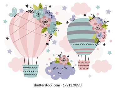 cute poster with Hot Air Balloon cloud and flowers
 -  vector illustration, eps
