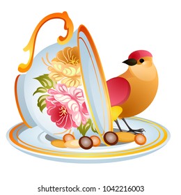 Cute poster with image of tilted porcelain cup with grains and a bird on a saucer isolated on white background. Vector cartoon close-up illustration.