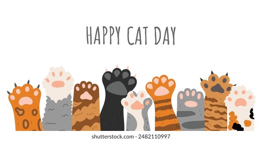 Lindo afiche del Día Internacional del Gato. Diferentes patas de gato. Feliz día del gato. Adecuado para carteles, Anuncios, campañas y tarjetas de felicitación.