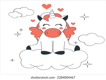 Cute poster, label, greeting card or apparel print with unicorn, flowers, hearts and pink on violet background. Lettering 'My sweet sweet unicorn". Cartoon character. Doodle vector illustration.