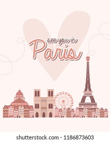 Cute poster with landmarks in Paris. Editable vector illustration