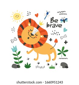 Cute poster with lion. Funny character for kids. Isolated element for stickers, cards, invites and posters