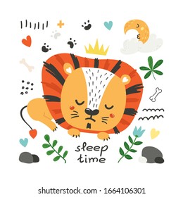 Cute poster with lion. Funny character for kids. Isolated element for stickers, cards, invites and posters Funny character for kids. Isolated element for stickers, cards, invites and posters