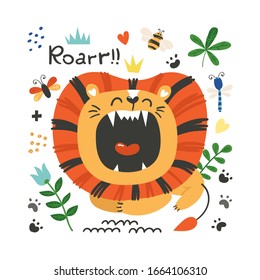 Cute poster with lion. Funny character for kids. Isolated element for stickers, cards, invites and posters Funny character for kids. Isolated element for stickers, cards, invites and posters