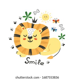 Cute poster with lion. Isolated element for cards, invites and posters