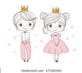 Cute poster, the little prince in a gold crown and the princess in a ball gown. Linear drawing for children, freehand sketch for kindergarten and educational activities. Vector illustration isolated