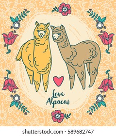 cute poster with lovely alapacas and flowers, set of vector illustration