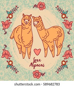 cute poster with lovely alapacas and flowers, set of vector illustration