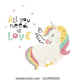Cute poster with magical unicorn. Childish design for birthday invitation, poster, clothing, nursery wall art and card.