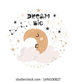 Cute poster with moon. Isolated element for stickers, cards, invites and posters
