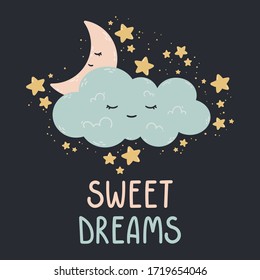 Cute Poster mit Mond, Sternen, Wolke auf dunklem Hintergrund. Vektorgrafik für Babyzimmer, Grußkarte, Kinder- und Babyshirts und Kleidung, Damenbekleidung. Süße Träume, handgezeichnet Kindergarten Illustration.