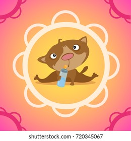 Cute poster with a newborn kitten with a bottle of baby food. Sketch of a poster or greeting card for the birth of the child. Vector cartoon close-up illustration.