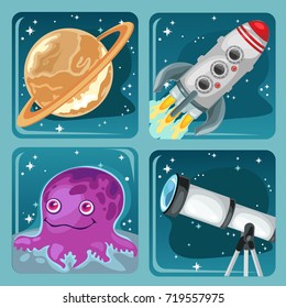 Cute poster on the theme of space exploration. Planet Saturn, flying rocket, astronomical telescope, alien purple octopus. Vector cartoon close-up illustration.